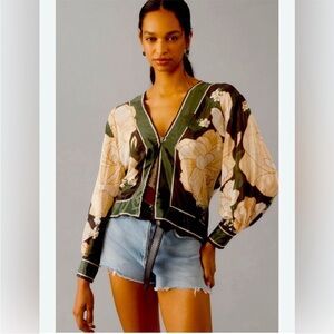 NWOT Farm Rio Long-Sleeve Silky Wrap Top - Size Small